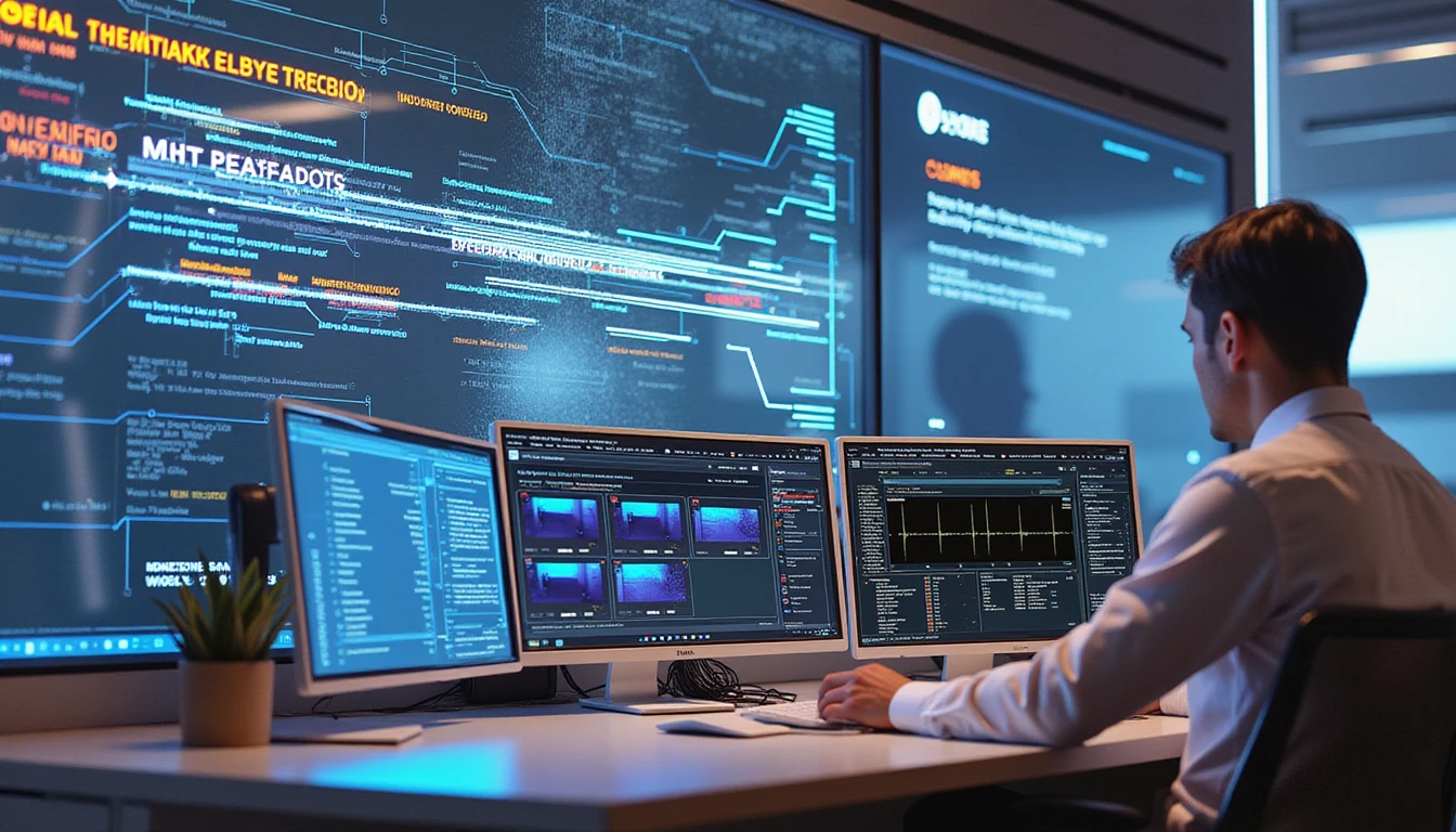 Professionals review digital claims on futuristic interfaces in a high-tech office with deepfake detection visuals and biometric data.