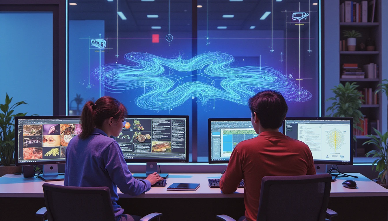 Futuristisches Versicherungsbüro bei Nacht mit Experten, die digitale Bildschirme, Hologramme und Steganographie-Daten analysieren, um Bildbetrug zu erkennen