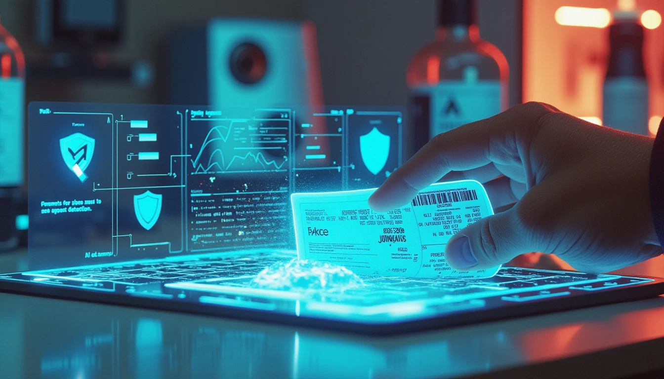 Futuristic AI office with glowing interface, dissolving fake invoice, and digital elements showing fraud detection in action