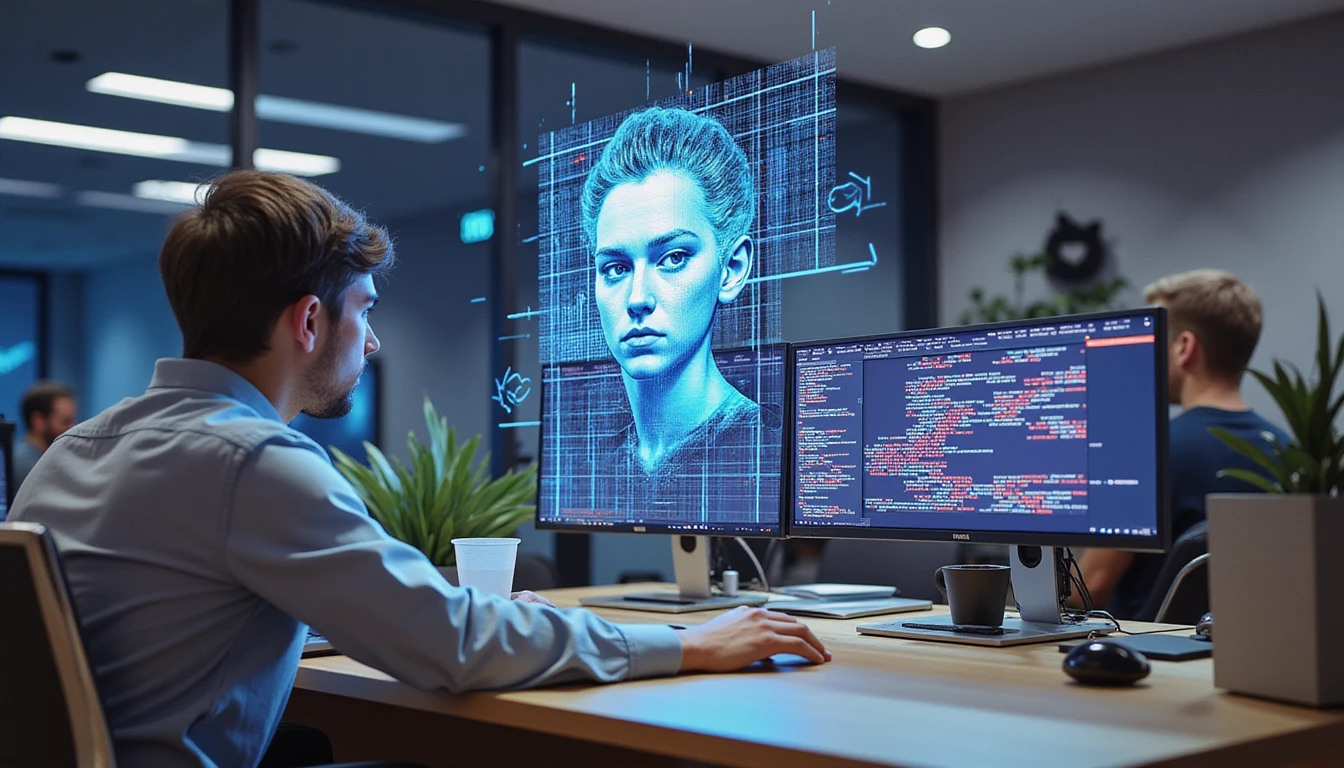Futuristic insurance office at night with professionals analyzing data and a holographic face representing AI deepfake detection.