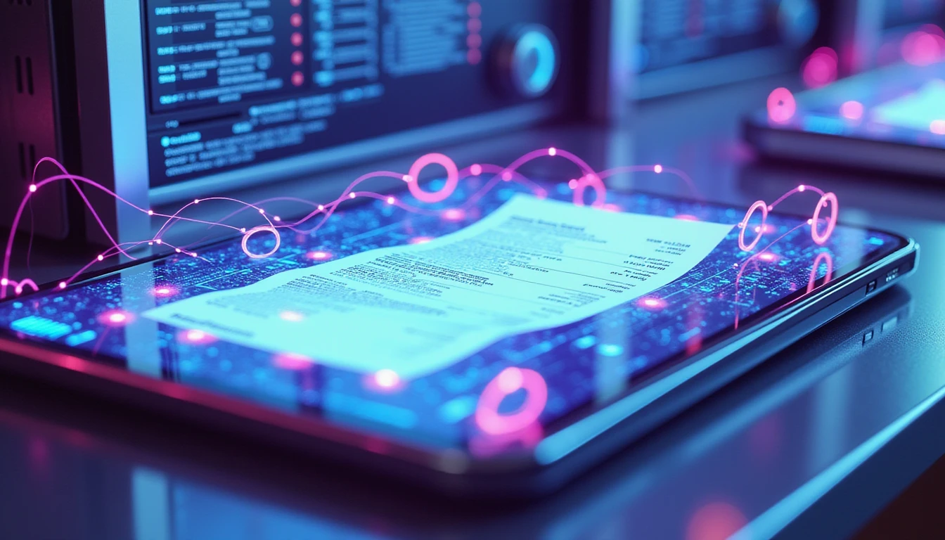 Glowing neural network scans digital receipt on touchscreen with data overlays, set in neon-lit server room for AI fraud detection