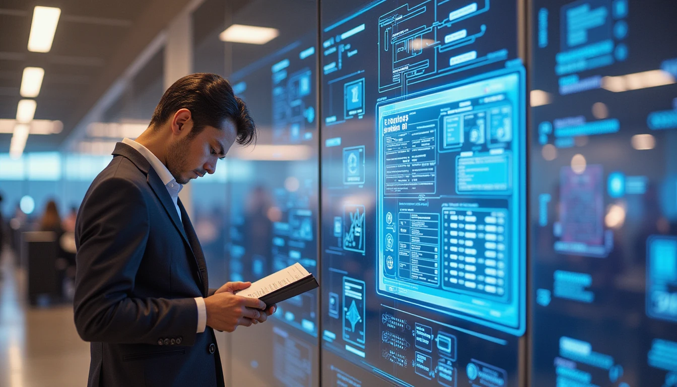 Business traveler in neon-lit airport lounge reviewing documents, with digital AI fraud detection overlays in background