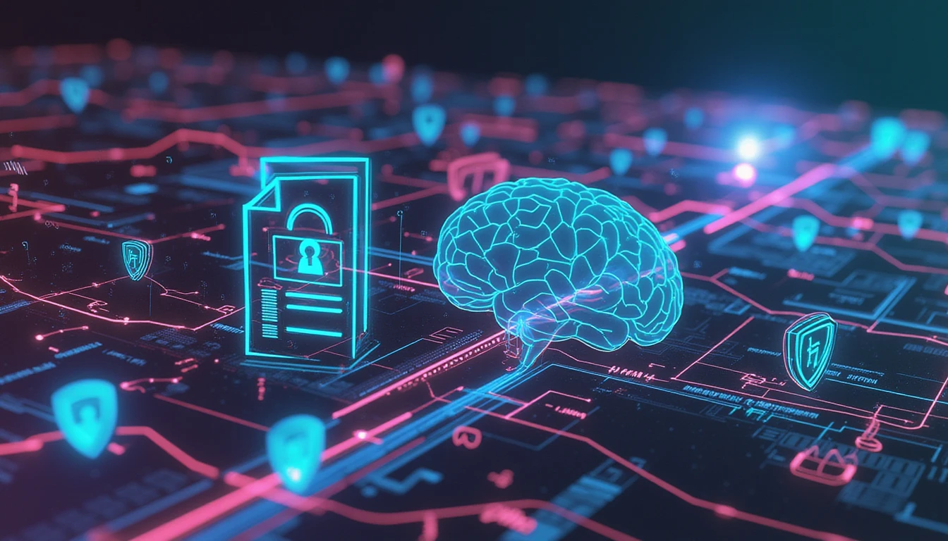 Futuristic digital interface showing AI-driven insurance analysis with neon-lit data flow, compliance, and fraud detection elements