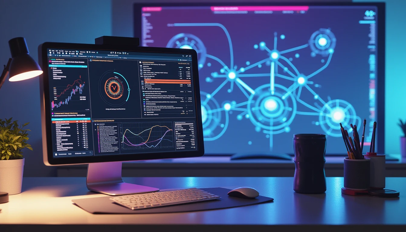 Macro shot of AI-driven insurance fraud detection software on a neon-lit office desk with glowing data overlays and networks