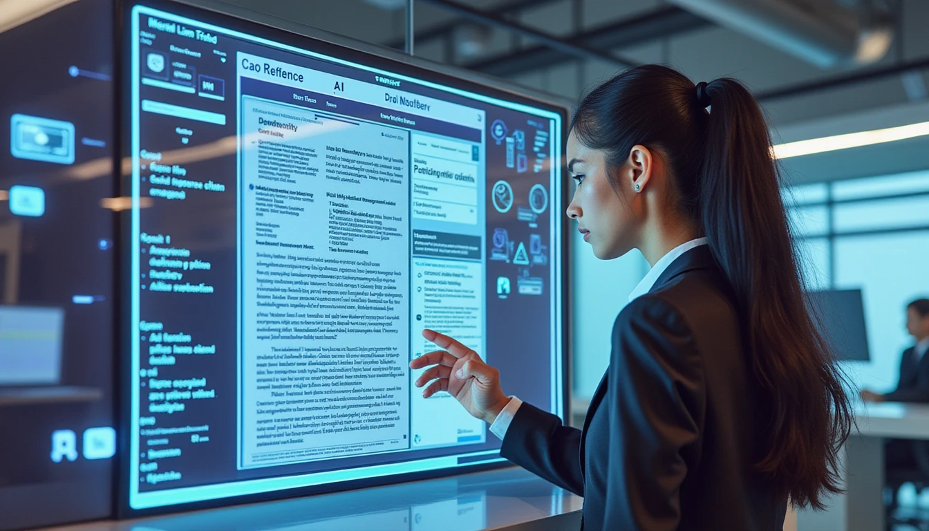 Business professional reviews digital insurance claim on transparent touchscreen with AI fraud detection and neural network analysis visuals