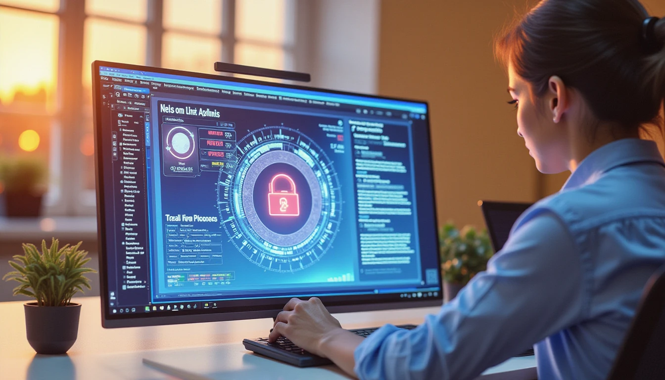 Futuristic digital security interface analyzing an insurance claim with AI-powered fraud detection, observed by a modern insurance professional.