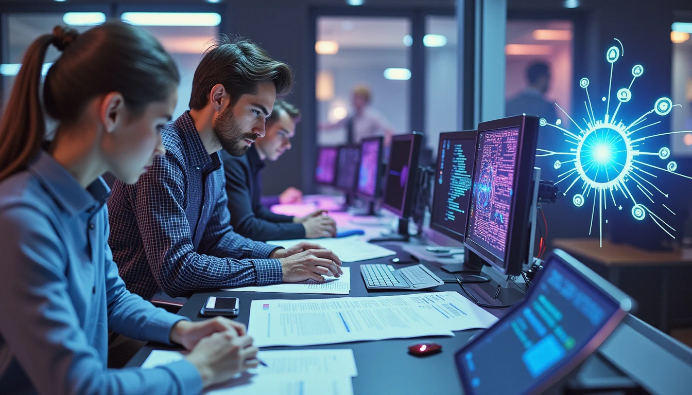 Versicherungsprofis analysieren digitale Dokumente vor neonbeleuchteten KI-Overlays, die Betrugserkennung und Cybersicherheitsintegration symbolisieren