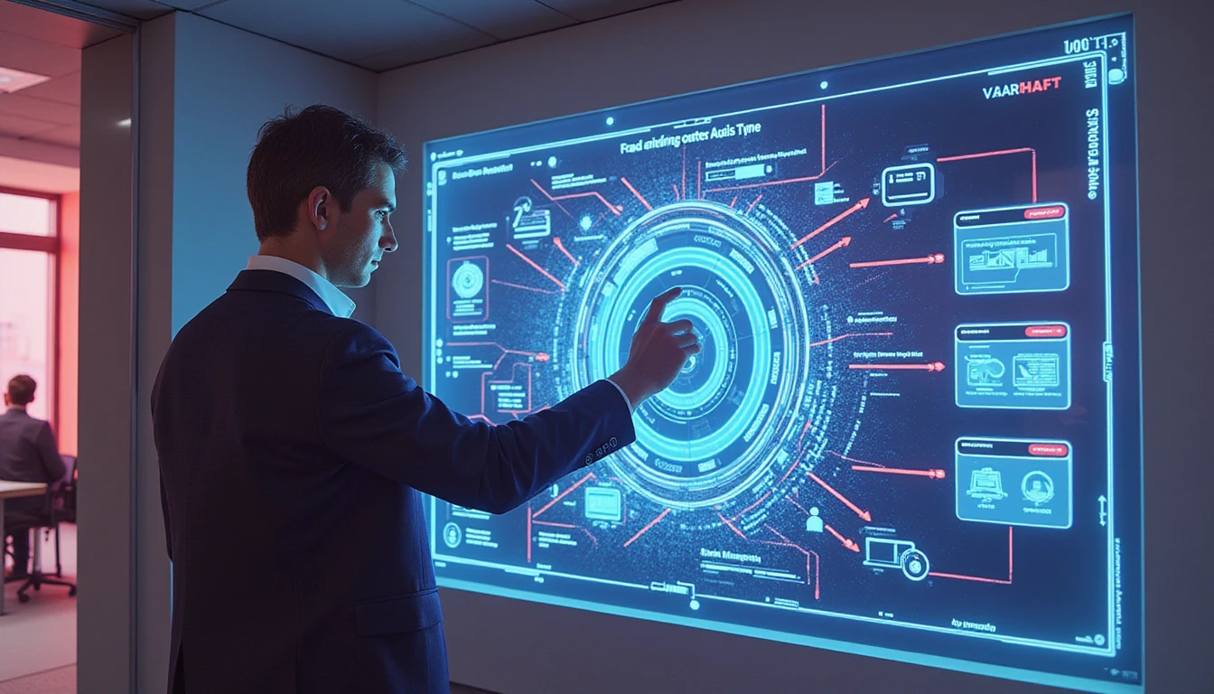 Professional interacts with neon-lit AI fraud detection dashboard in a futuristic office, visualizing secure expense auditing.