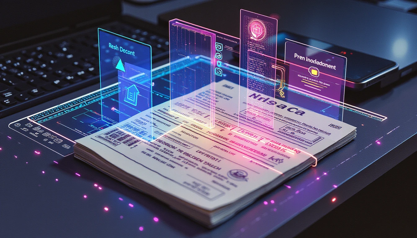 Futuristic AI scanning glowing digital document with holographic metadata, symbolizing secure expense verification and fraud detection