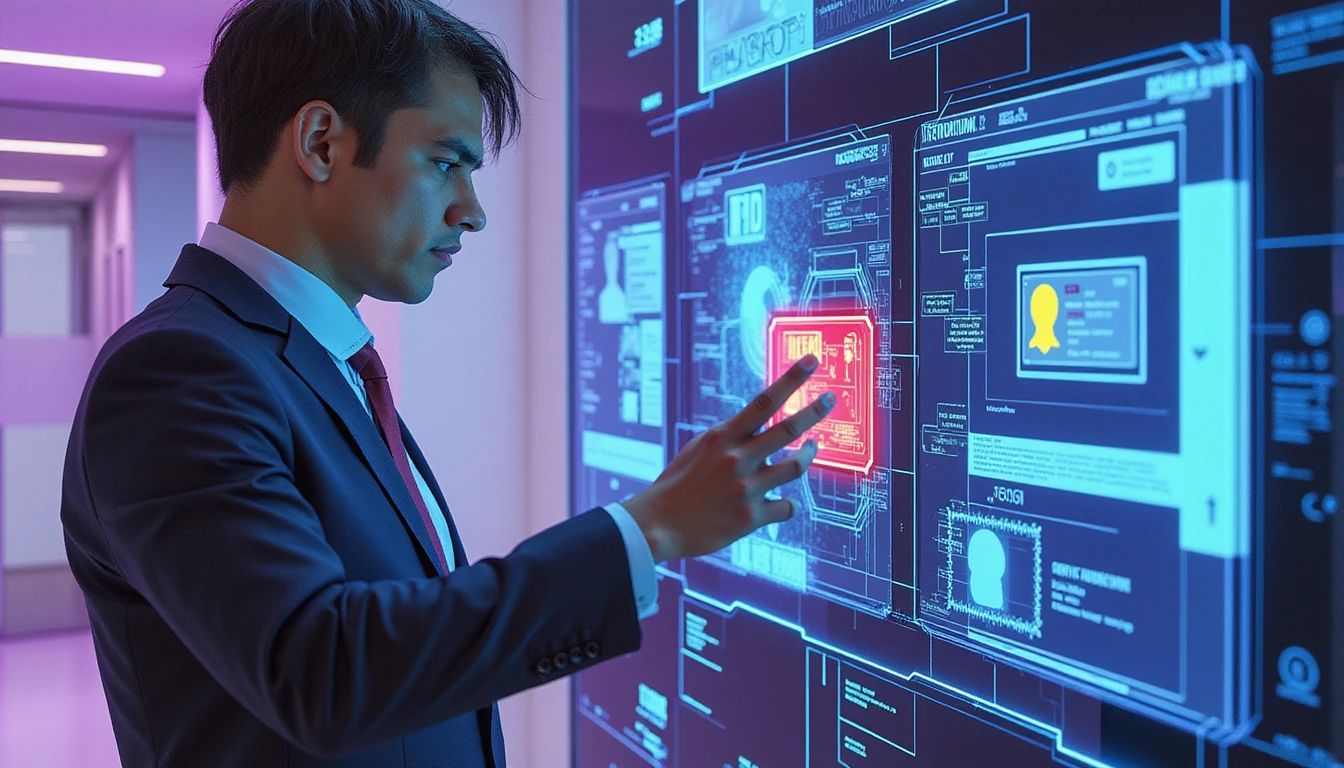 Professional in sleek, high-tech insurance office uses VAARHAFT Fraud Scanner to flag fake ID amid holographic data displays