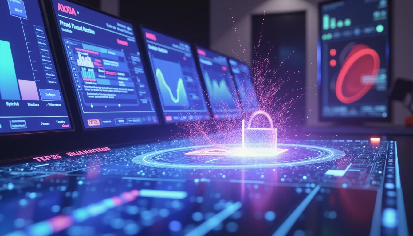 Futuristic control room with AI-driven fraud detection holograms, showcasing cybersecurity networks and insurance claim analysis in neon hues.