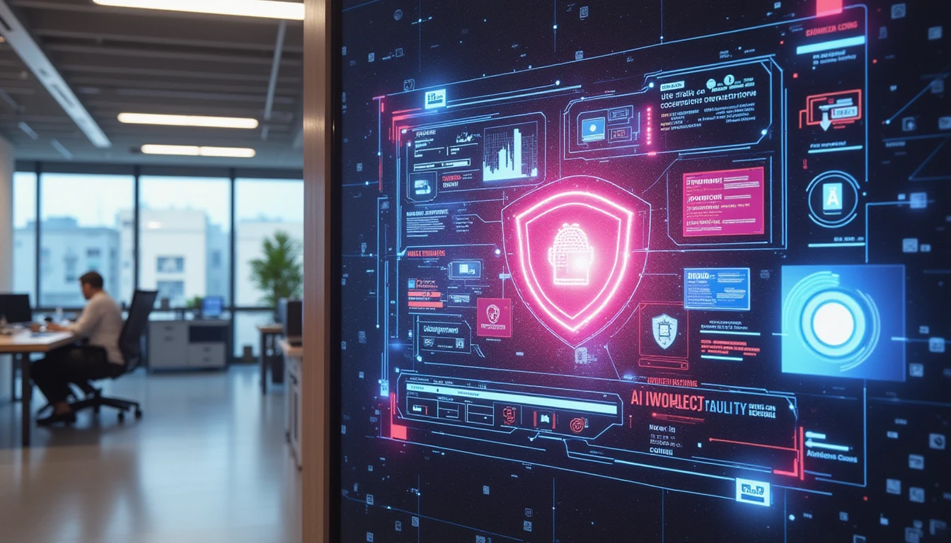 AI-powered fraud detection in insurance, showing a modern office with digital security overlays, holographic analysis, and biometric scans.