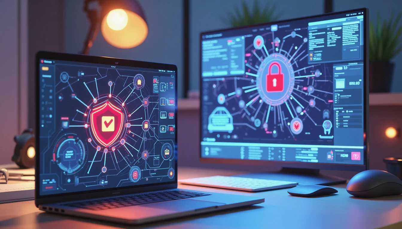Futuristic fintech workspace with digital receipt verification, holograms, and AI-driven fraud detection visuals in neon glow