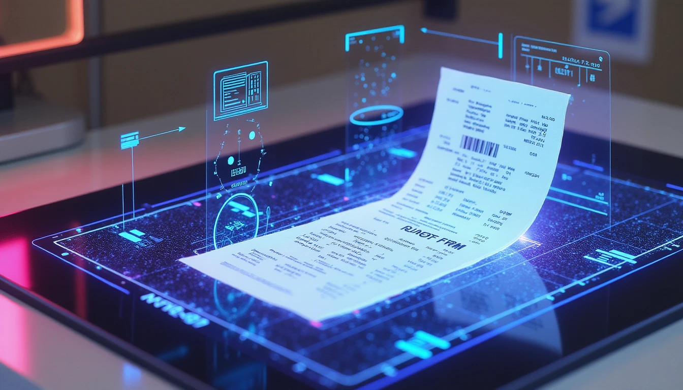 High-Tech-Nahaufnahme eines digitalen Belegs, gescannt durch KI-Betrugserkennung in einer leuchtenden neonfarbenen holografischen Oberfläche mit Datenvisualisierungen