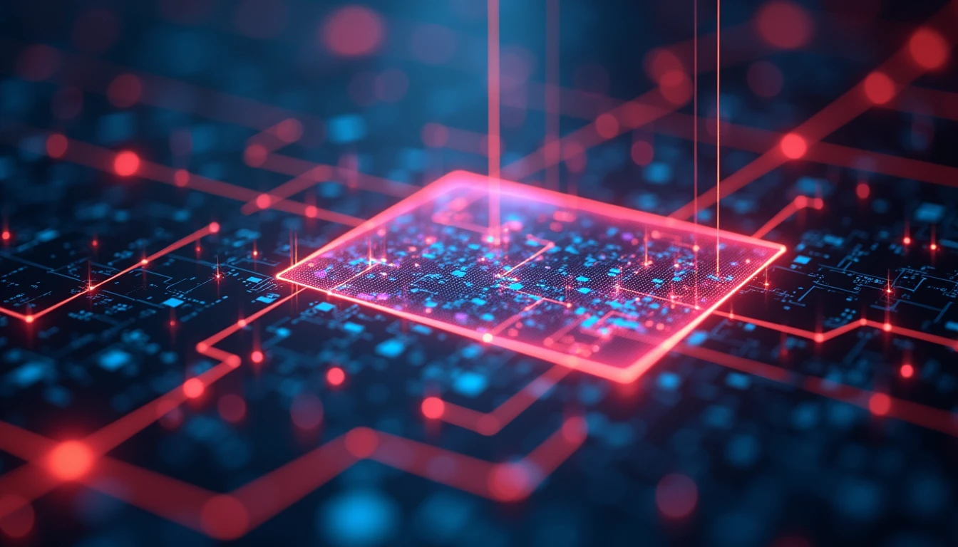 Futuristic neural network scans digital photo for AI-powered insurance fraud detection amid neon-lit data streams and pixel distortions