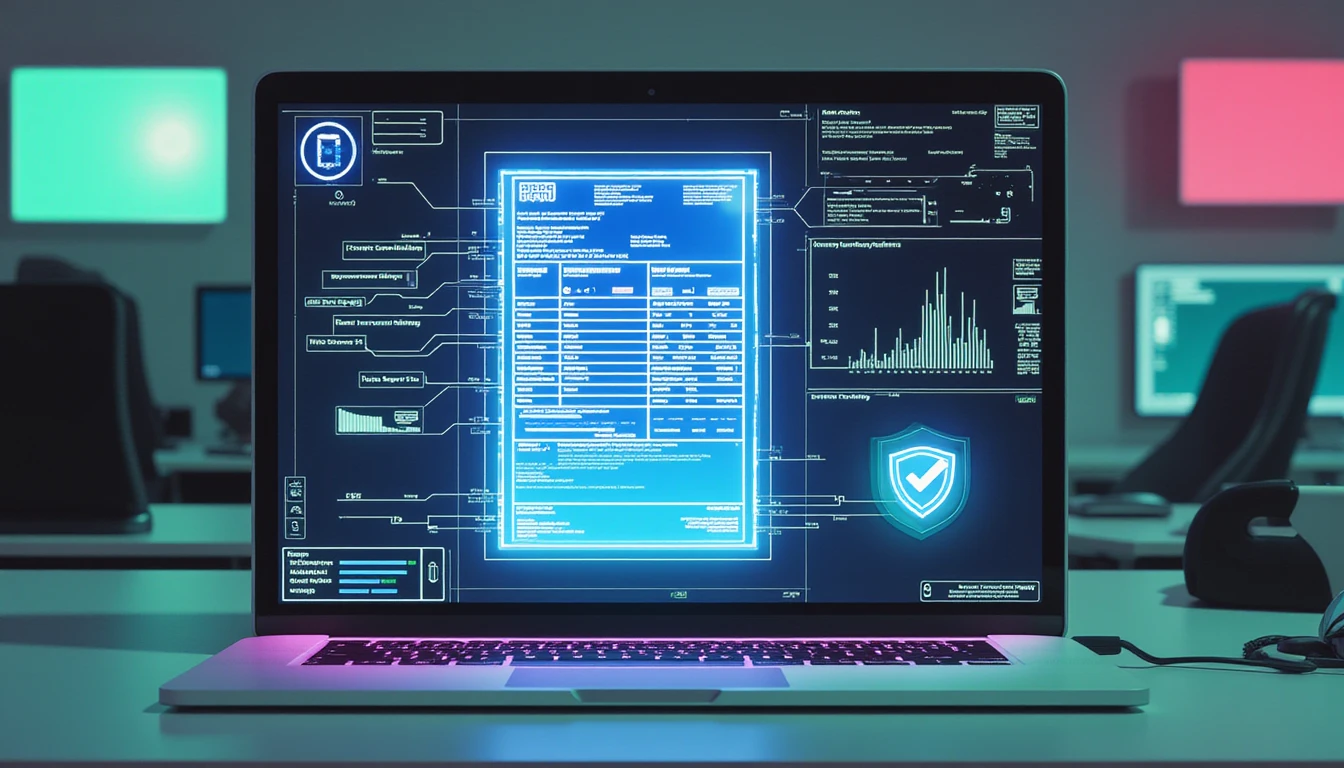 KI scannt holographischen Reparaturbeleg zur Betrugserkennung mit DSGVO-Schild-Icon in einer Hightech-Versicherungsszene