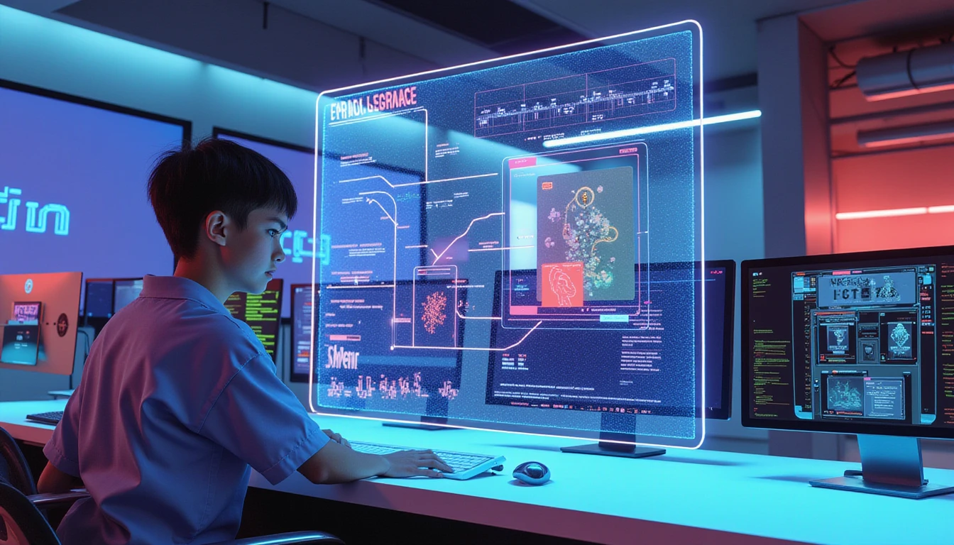 Futuristic neon-lit insurance office with holographic image forensics, code overlays, and VAARHAFT fraud analysis displays