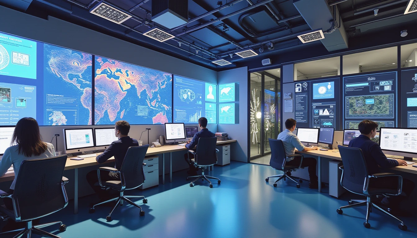 Professionals review digital claims in a high-tech insurance center with AI analyzing images and visual fraud detection overlays
