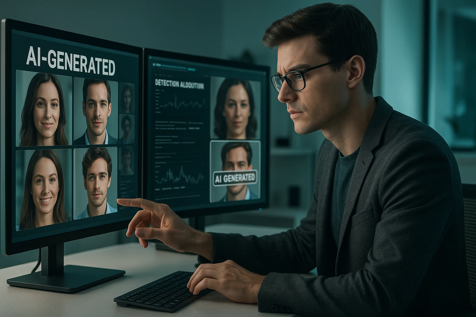 Modern workspace with a digital interface displaying tools for identifying AI-generated media content, embodying Vaarhaft's sleek style.
