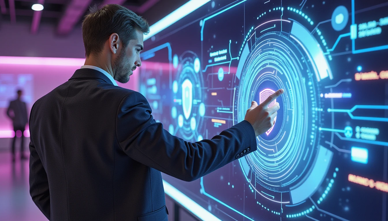 Professional reviewing digital claims on holographic display with AI fraud detection visuals in a futuristic office setting.