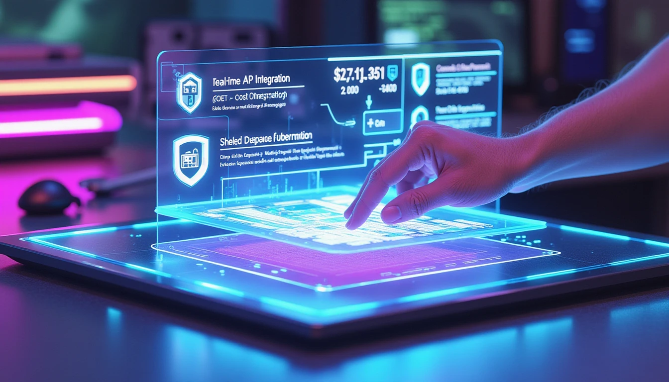 User operating transparent smart screen in neon-lit workspace with AI-driven expense tracking and secure data visualization