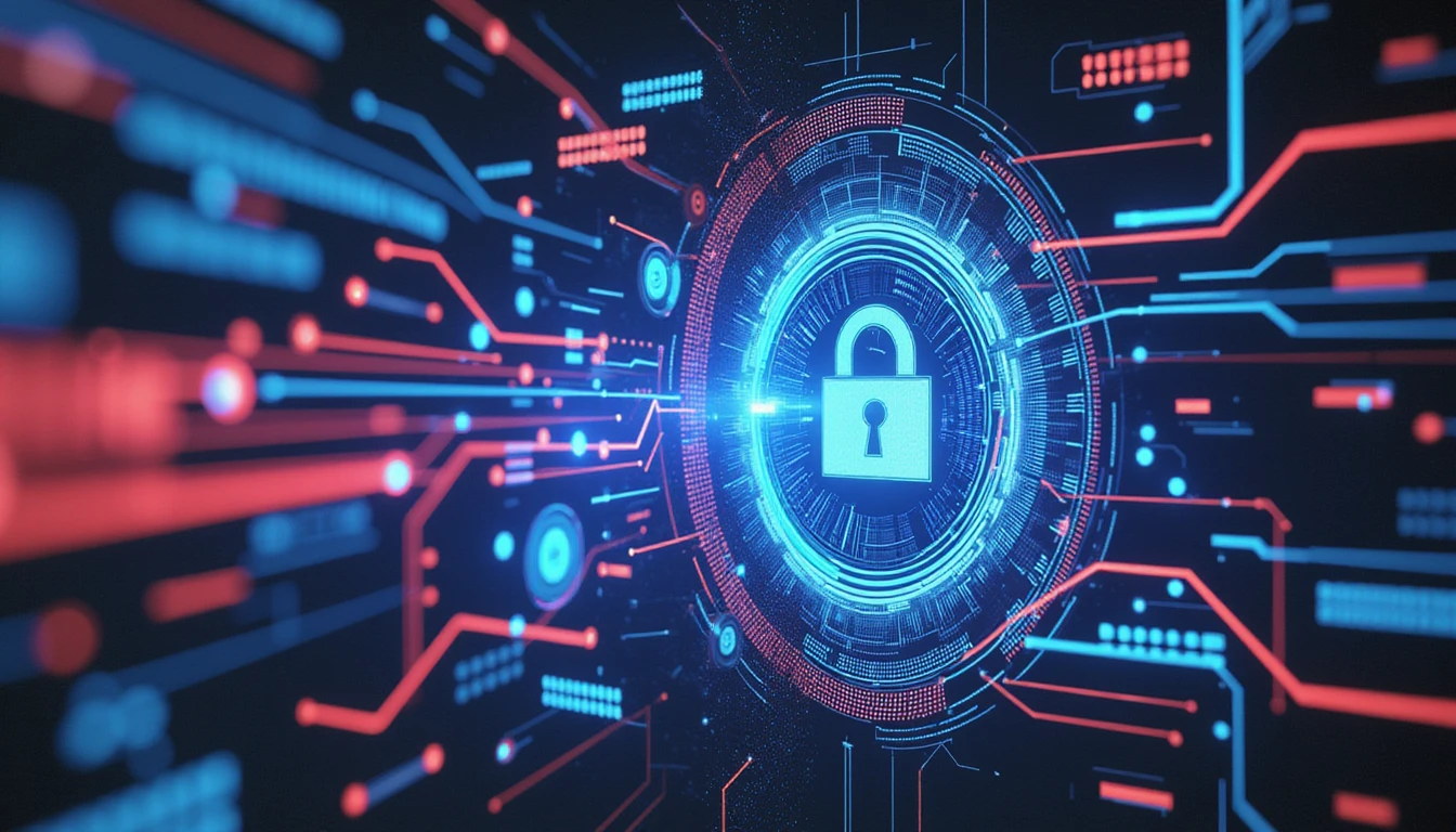 Futuristisches digitales Schutzschild mit leuchtenden Sicherheitsknoten, die betrügerische Versicherungsansprüche abwehren, unterstützt durch KI-gesteuerte Datenanalyse in Echtzeit.