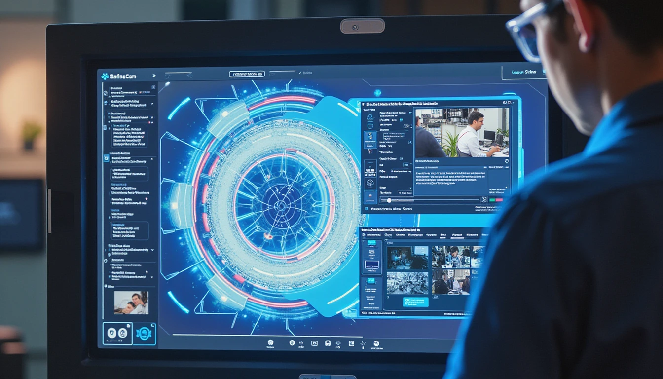 Futuristic insurance agent reviews AI-analyzed digital claims with fraud detection overlays and advanced security tools