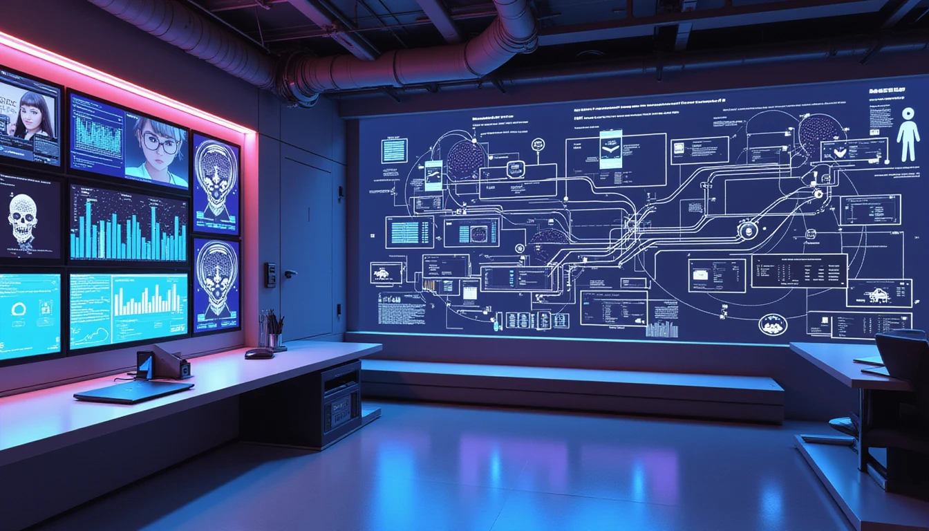 Futuristisches Versicherungsbüro bei Nacht mit neonfarbener Analytik und KI-gestützter Betrugserkennung, visualisiert durch leuchtende Daten-Diagramme