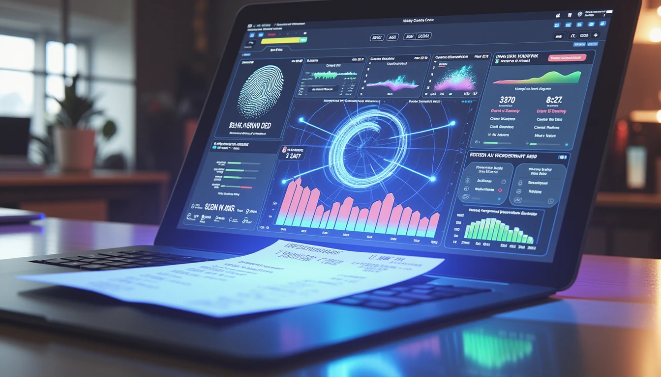 Modern office with digital dashboard showing AI-driven receipt verification and fraud detection with futuristic data visuals