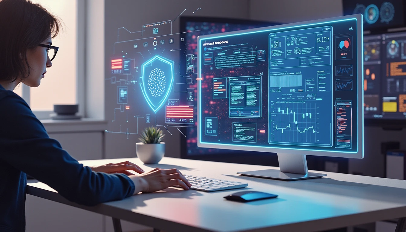 Professional using futuristic expense management software with AI fraud detection and data protection holographics in high-tech office