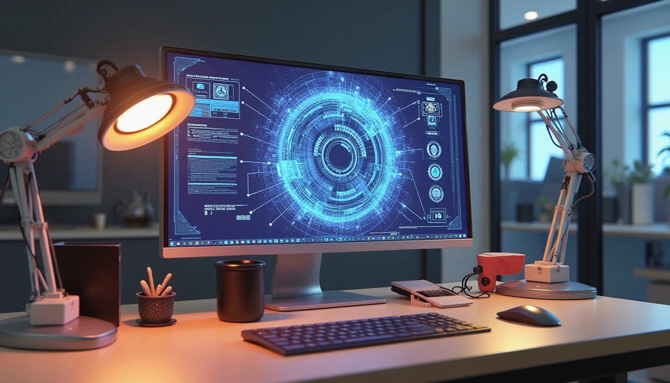 Futuristic claims office desktop showing VAARHAFT's AI fraud scanner analyzing image metadata with holographic detection overlays