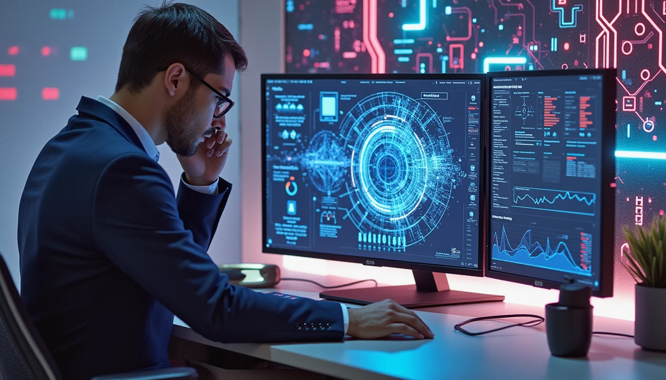 Futuristic insurance analyst reviews AI-driven fraud detection data on a glowing digital interface in a sleek, cyber-inspired office.