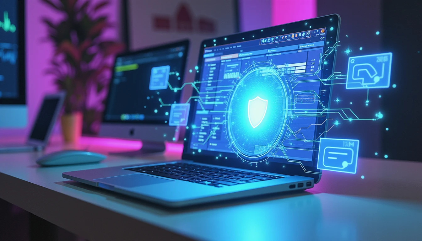 Modern workspace with AI fraud detection diagram overlaying a digital expense dashboard, glowing in blue and violet tones