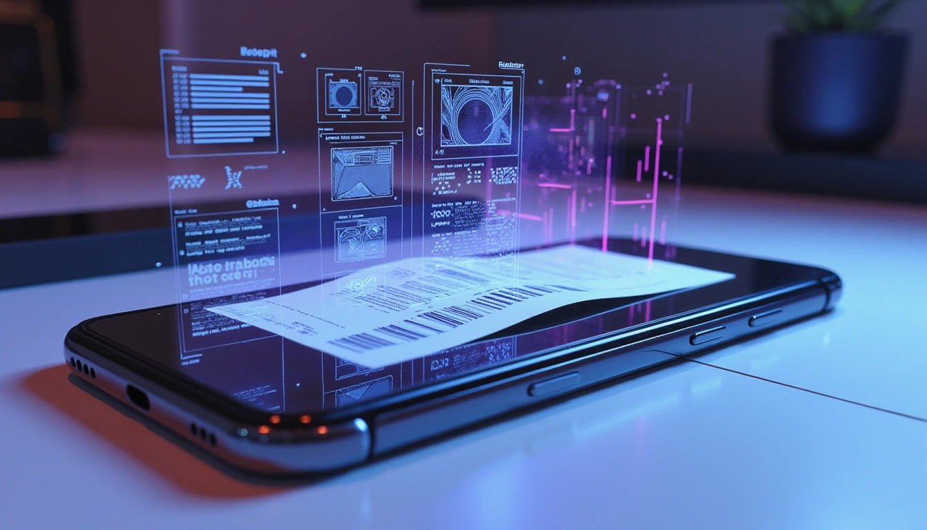 Smartphone on futuristic desk scanning receipt with glowing metadata and holographic AI fraud detection in dim tech-lit setting