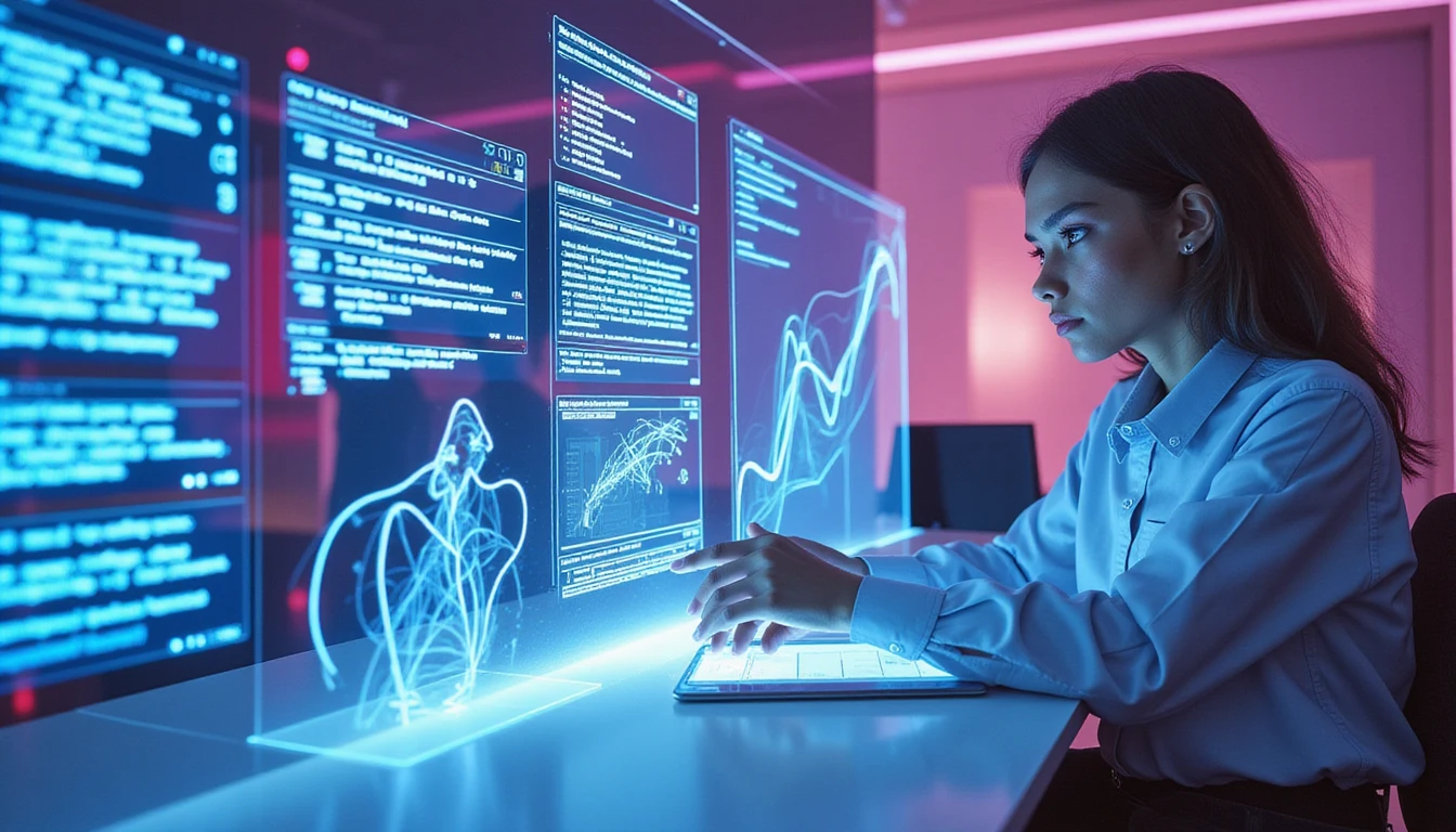 Futuristic claims agent reviews holographic documents amid neon-lit AI data streams and fraud detection overlays