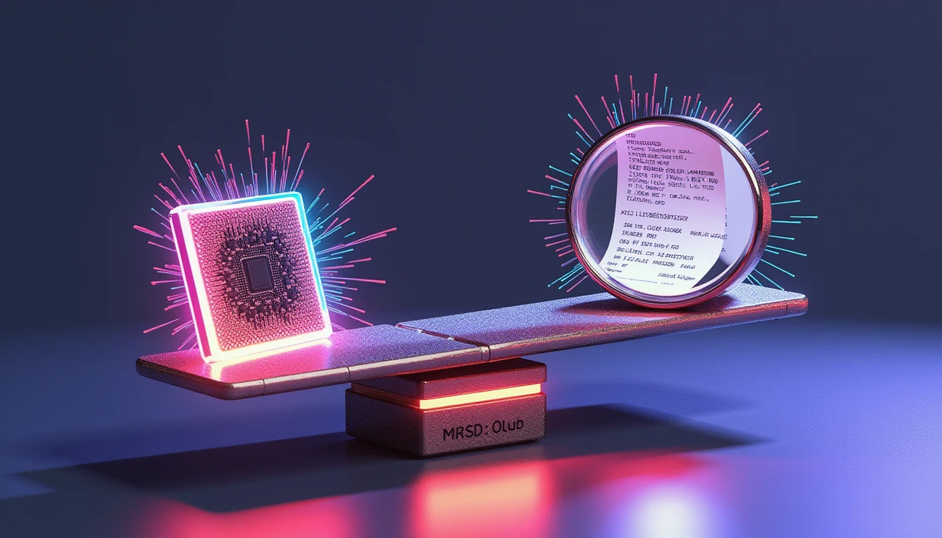 Futuristic digital scale balancing speed and accuracy in OCR with AI, fraud detection, and data analysis visual elements