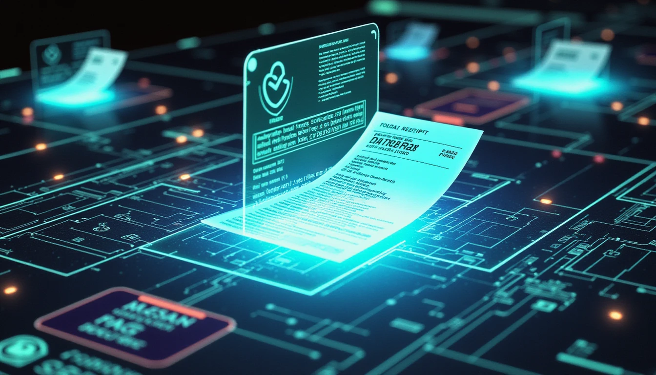 Futuristic AI interface analyzing digital receipts with holograms, glowing grids, and neon-lit fraud detection visuals