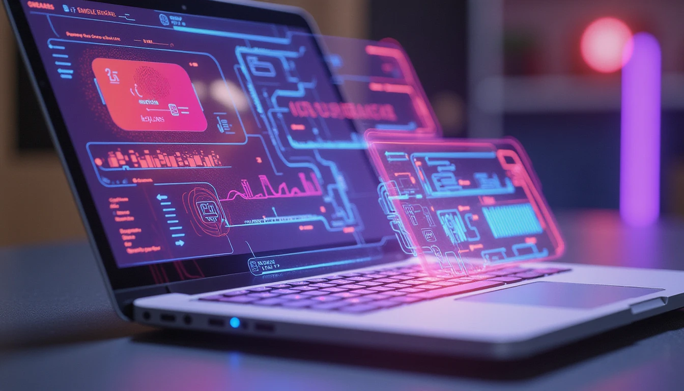 Macro shot of a neon-lit digital workspace with AI data streams and biometric overlays emerging from a laptop screen