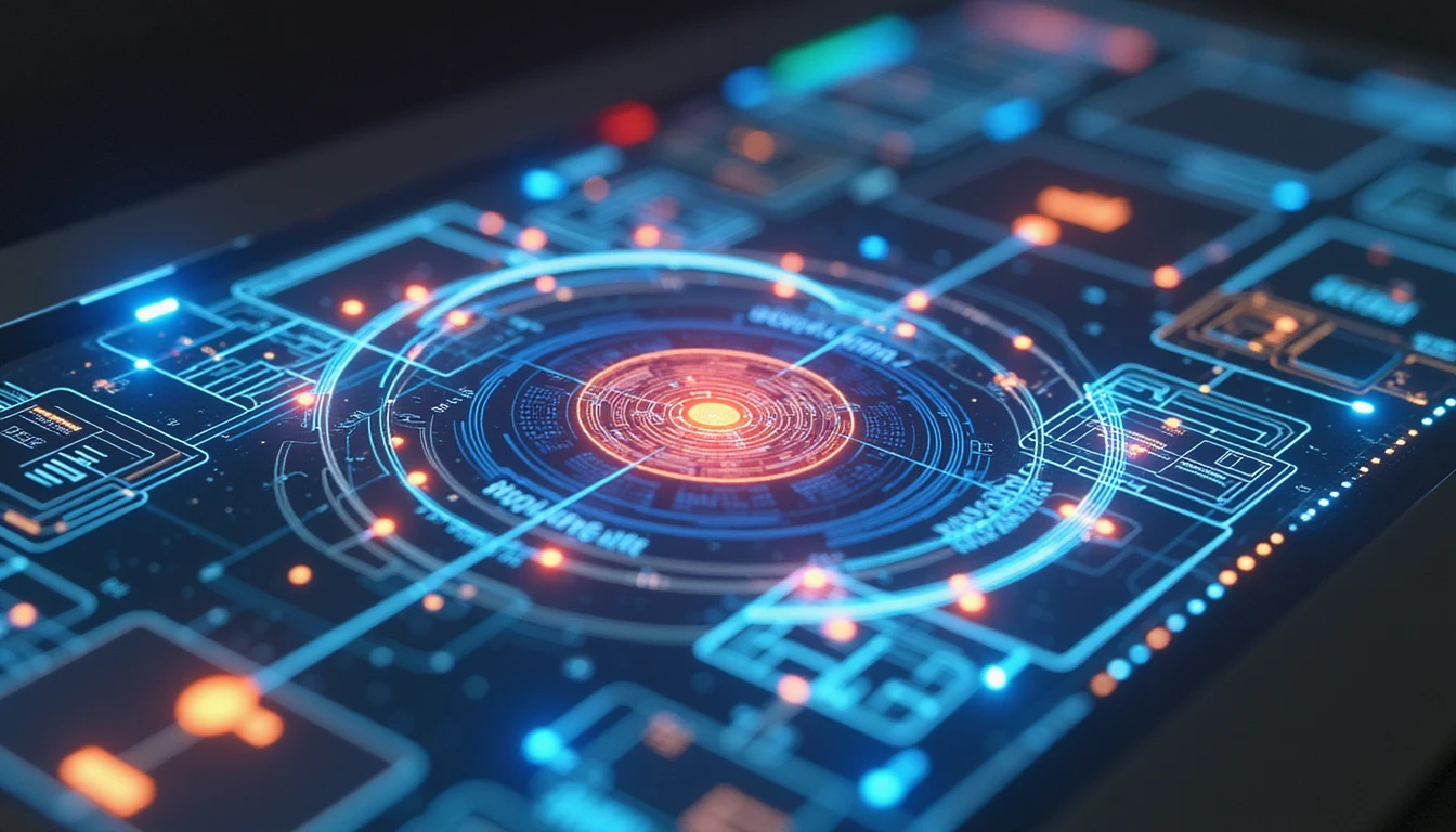 Futuristic AI-driven fraud detection interface with neon data streams, biometric patterns, and digital grids ensuring insurance verification.