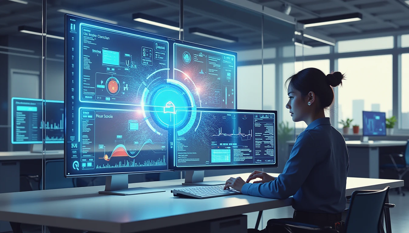 Modern office workspace with digital receipts on screen, AI scanning invoices for fraud with neon-glow detection graphics