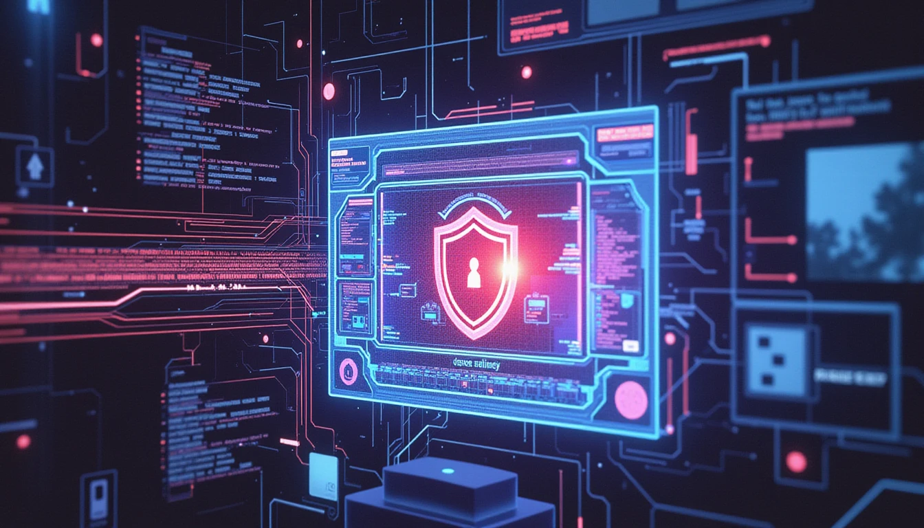 Futuristic AI interface analyzing digital images for forensic fraud detection, with neon-lit data streams, holographic shields, and scanning patterns.