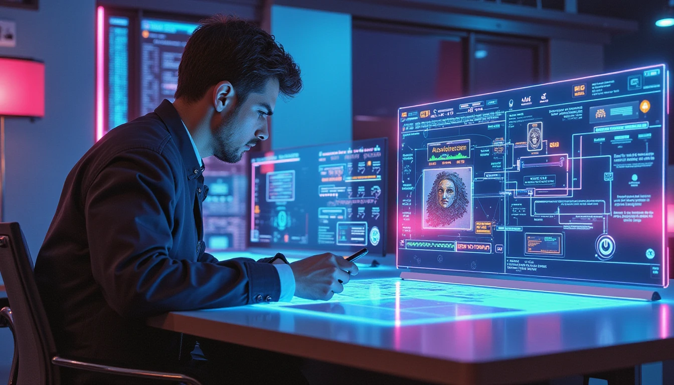 Schadensprüfer interagiert mit KI-Betrugserkennungs-Dashboard in einem digital beleuchteten Versicherungsbüro mit biometrischen und Datenanalyse-Visualisierungen