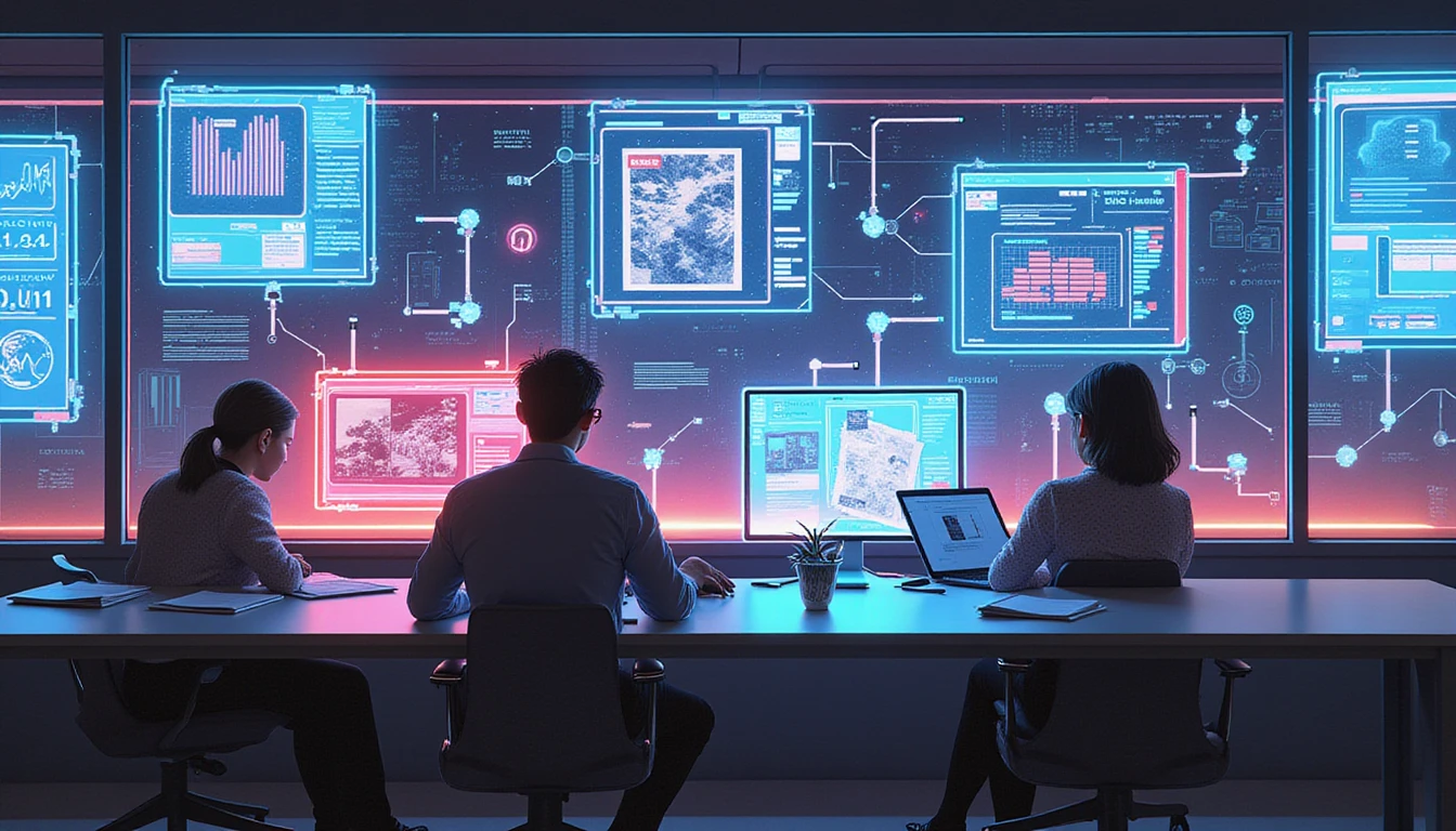 Fachleute prüfen digitale Versicherungsansprüche auf neonbeleuchteten, transparenten Bildschirmen mit KI-gesteuerter Betrugserkennung in einem Hightech-Büro.
