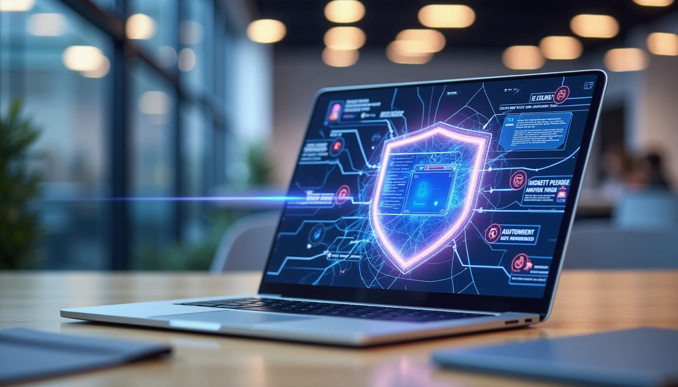 Futuristic office with laptop displaying automated expense and fraud workflows beneath a glowing digital shield for GDPR compliance