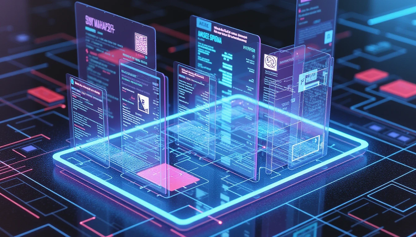 Futuristic AI audit interface analyzing digital expense report for fraud, highlighting anomalies and security metadata layers