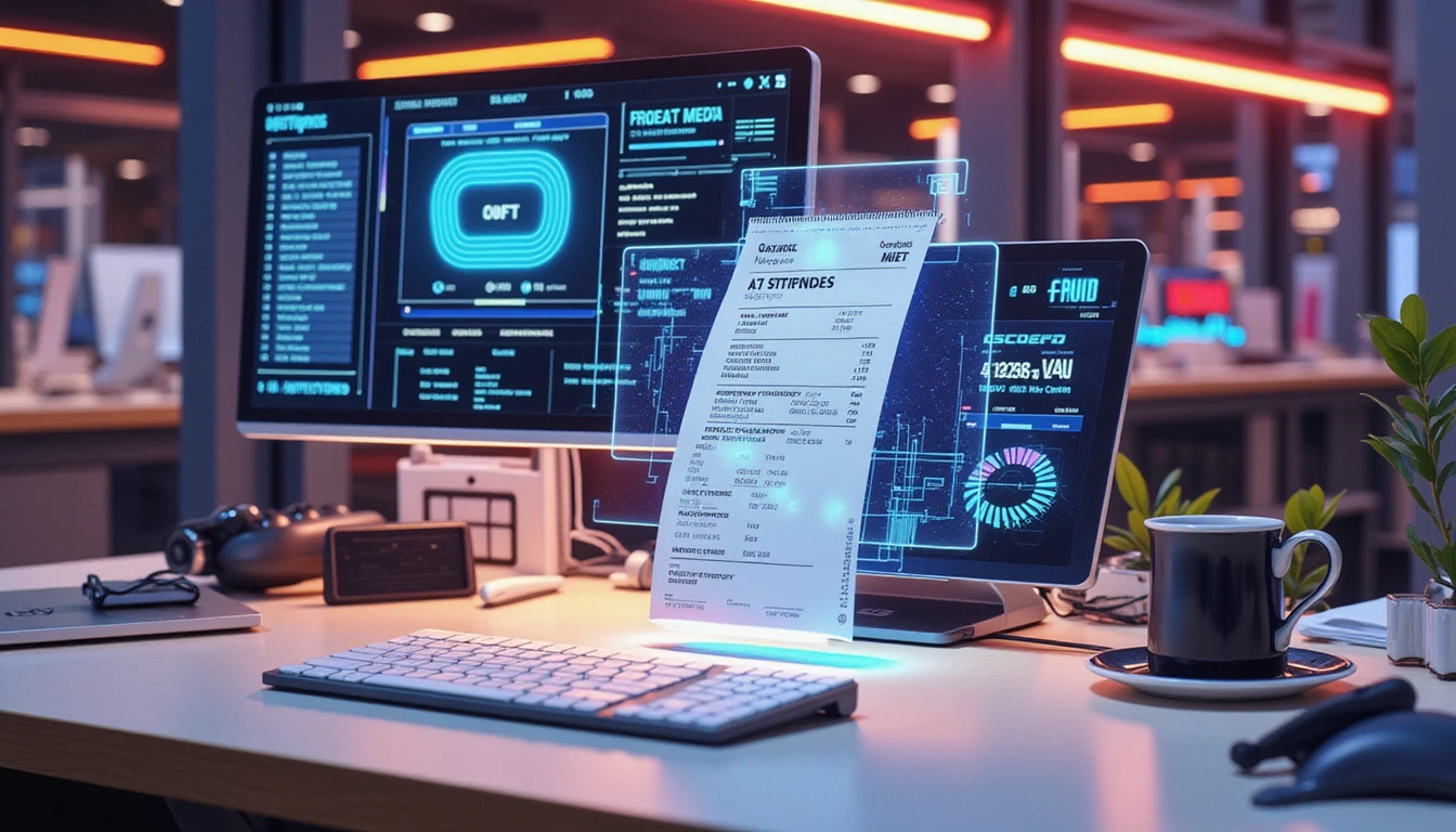 Futuristic AI workspace analyzing digital receipt with holographic metadata and security cues amid neon data visualizations