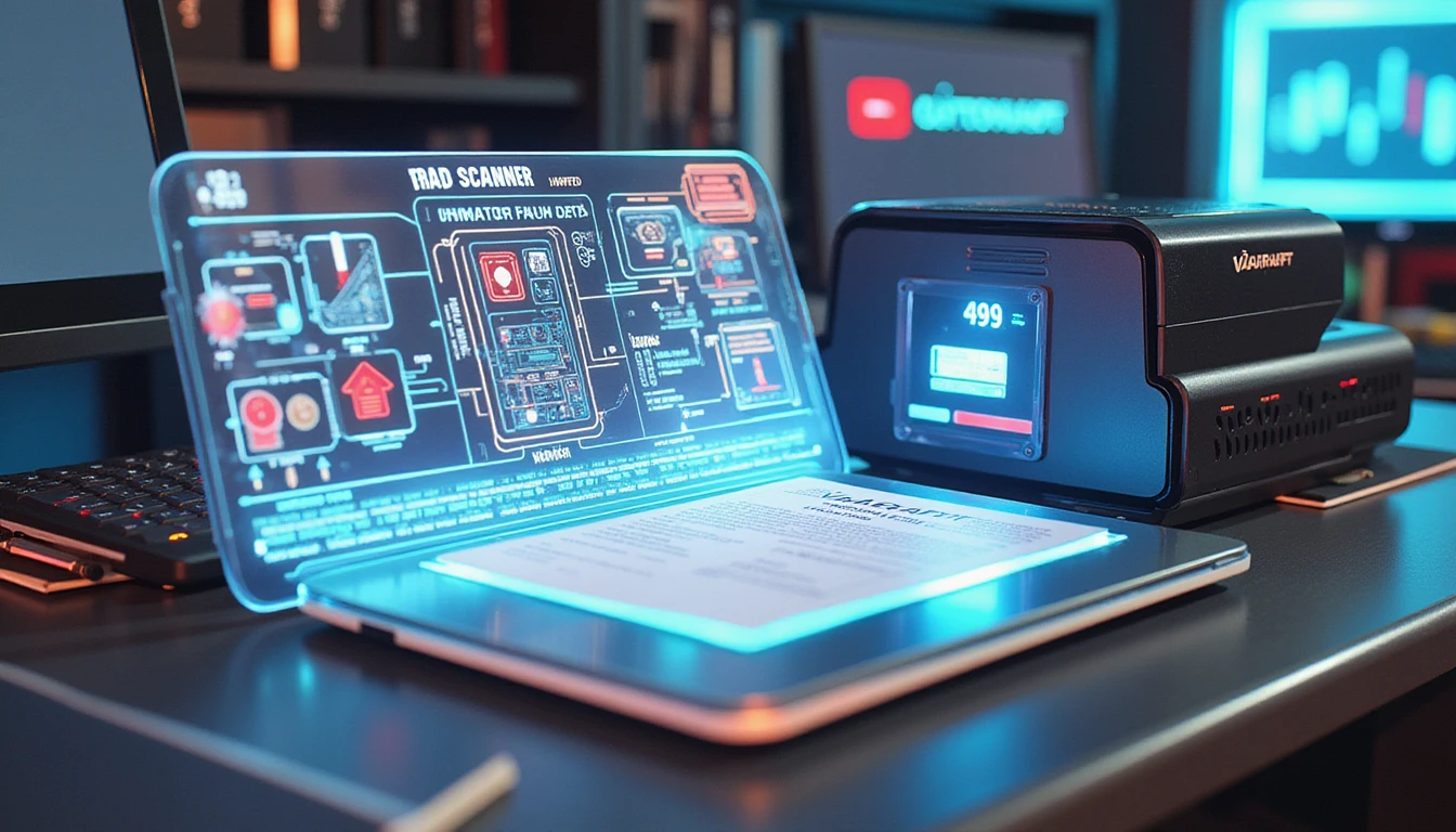 Futuristic office desk with holographic panels showing AI fraud detection, expense verification, and data security workflows