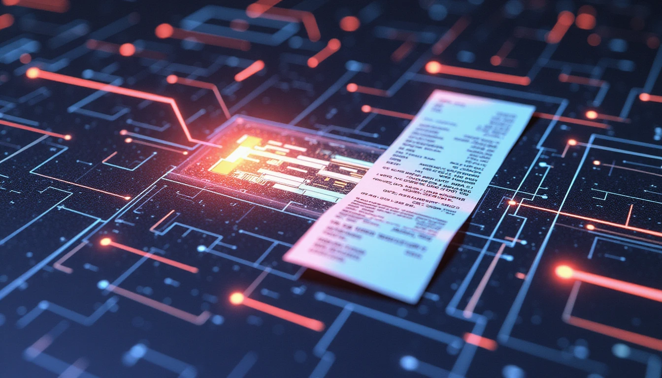 Macro view of AI scanning a glowing digital receipt, detecting fraud via neon-lit data nodes and glitched fake elements.