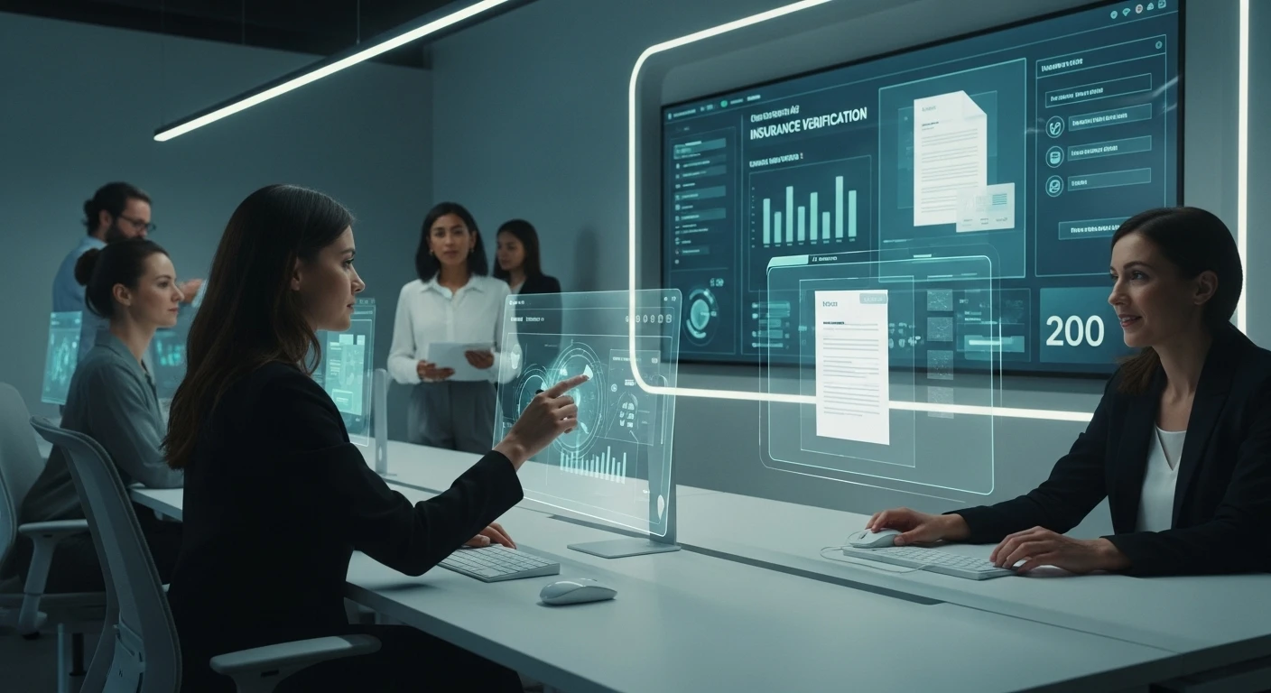 Modern office setting where a diverse group of professionals utilizes AI-driven systems to verify insurance documents efficiently.