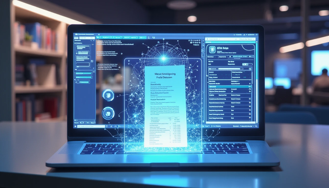 Futuristic office with holographic UI, neural network over receipt symbolizing AI-driven fraud detection and metadata analysis